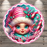 Girl Elf, Pink, Teal, Blue, Candy Land, Merry Christmas, Retro, Pink Glitter, Border, Round, Light Weight, Metal, Wreath Sign, No Holes In Sign