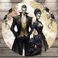 Vampire Couple, Black Dress, Gold, Halloween, Wedding, Vintage, Victorian, Round UV Coated, Metal Sign, No Holes