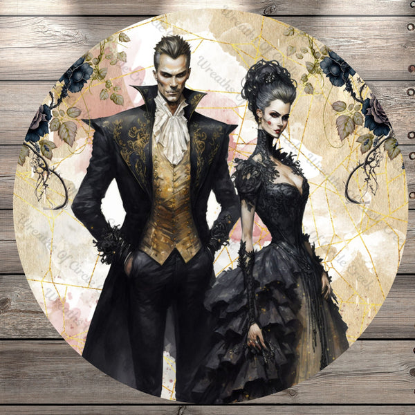 Vampire Couple, Black Dress, Gold, Halloween, Wedding, Vintage