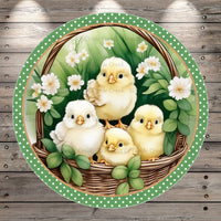Hello Spring, Chicks, In Basket, Light Weight, Metal Wreath Sign, Round, With No Holes