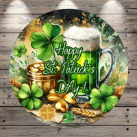 Green Beer, Happy St. Patrick’s Day, Shamrocks, Gold, Green, Watercolor, Round, Light Weight, Metal Wreath Sign, No Holes UV Coated