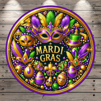 Mardi Gras, Masks, Top Hats, Beads, Collage, Purple, Gold, Green, Round, Light Weight, Metal Wreath Sign, No Holes In Sign