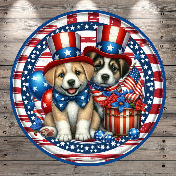 Patriotic Dogs, Puppies, American Top Hat, Flags, Stars, Round, Light Weight, Metal, Wreath Sign, No Holes In Sign