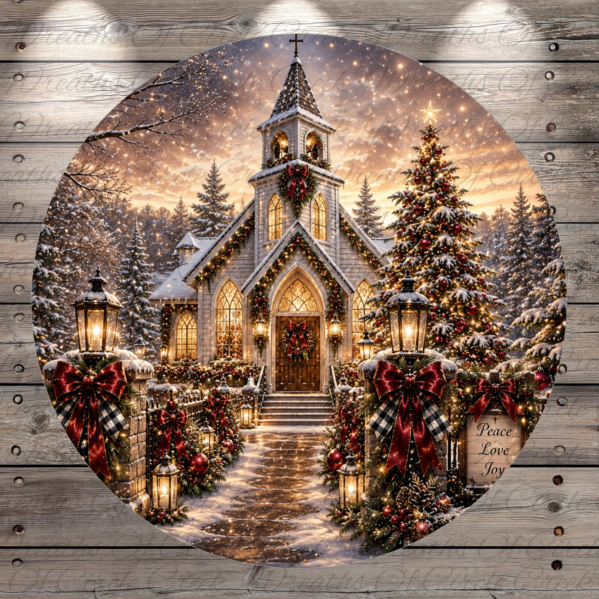 A beautifully decorated Christmas church surrounded by a snowy landscape, with Christmas lights, wreaths, and bows adorning the building.