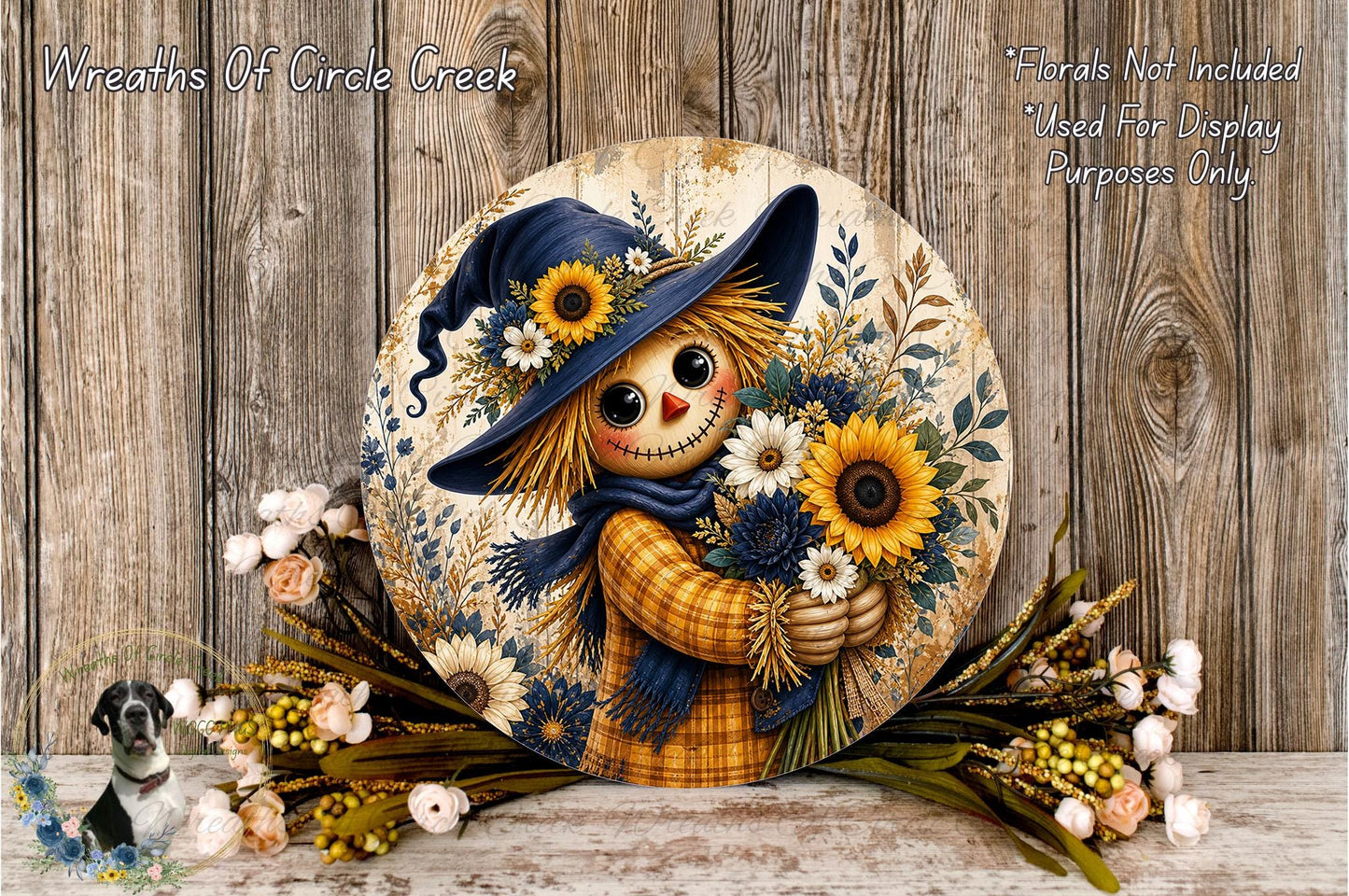 A decorative round wooden plaque featuring a scarecrow holding a bouquet of flowers, with a rustic wooden background.