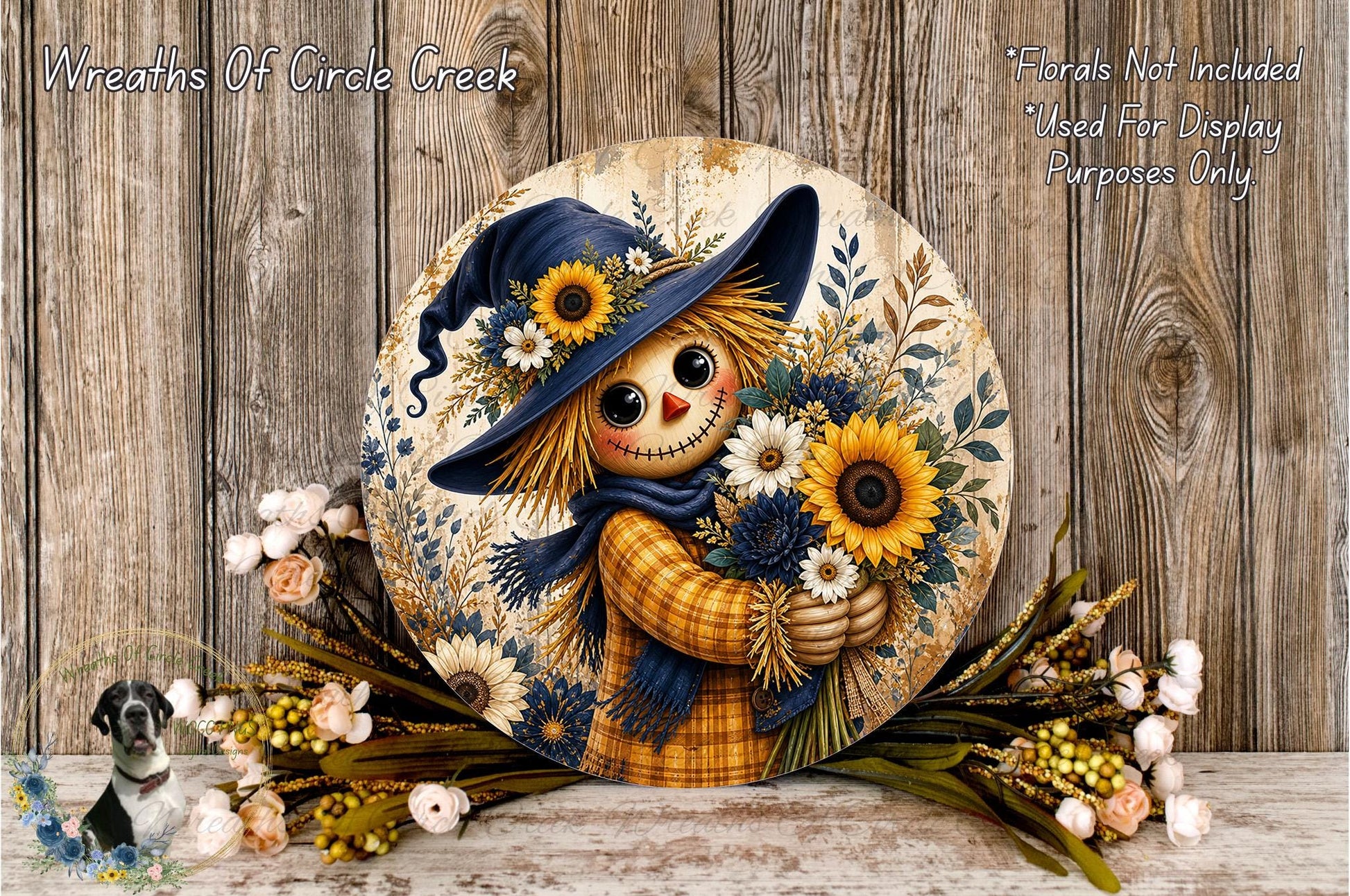 A decorative round wooden plaque featuring a scarecrow holding a bouquet of flowers, with a rustic wooden background.