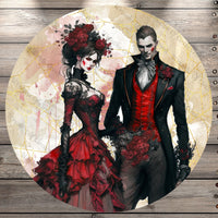 Vampire Couple, Red Dress, Halloween, Wedding, Vintage, Victorian, Round UV Coated, Metal Sign, No Holes