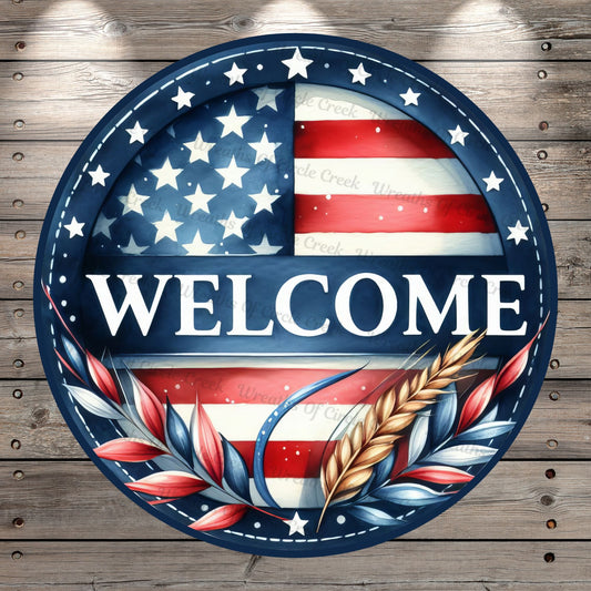 Patriotic, Welcome, American Flag, Round, Light Weight, Metal, Wreath Sign, No Holes In Sign
