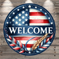 Patriotic, Welcome, American Flag, Round, Light Weight, Metal, Wreath Sign, No Holes In Sign