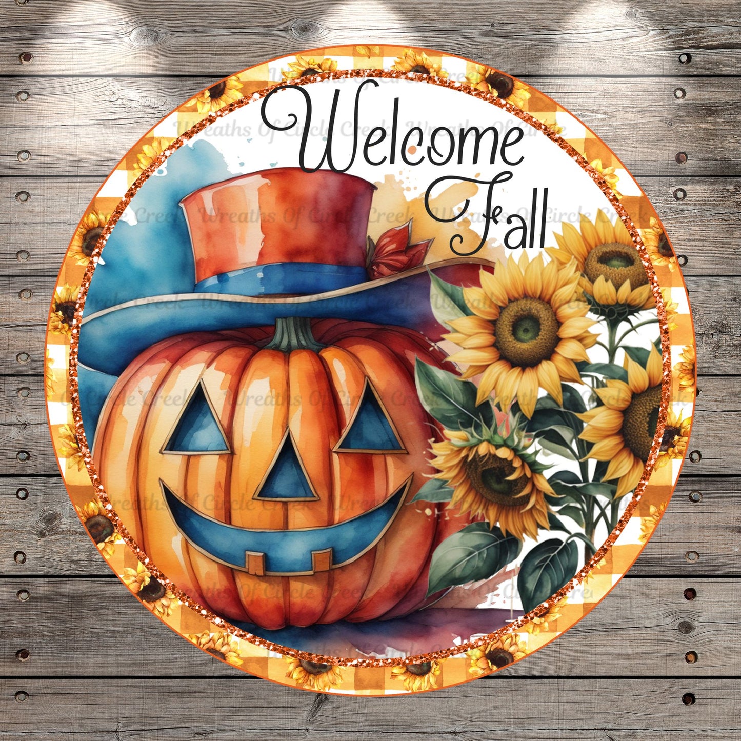 Hello Fall, Jack-O-Lantern, Sunflowers, Round, Light Weight, Metal Wreath Sign, No Holes In Sign
