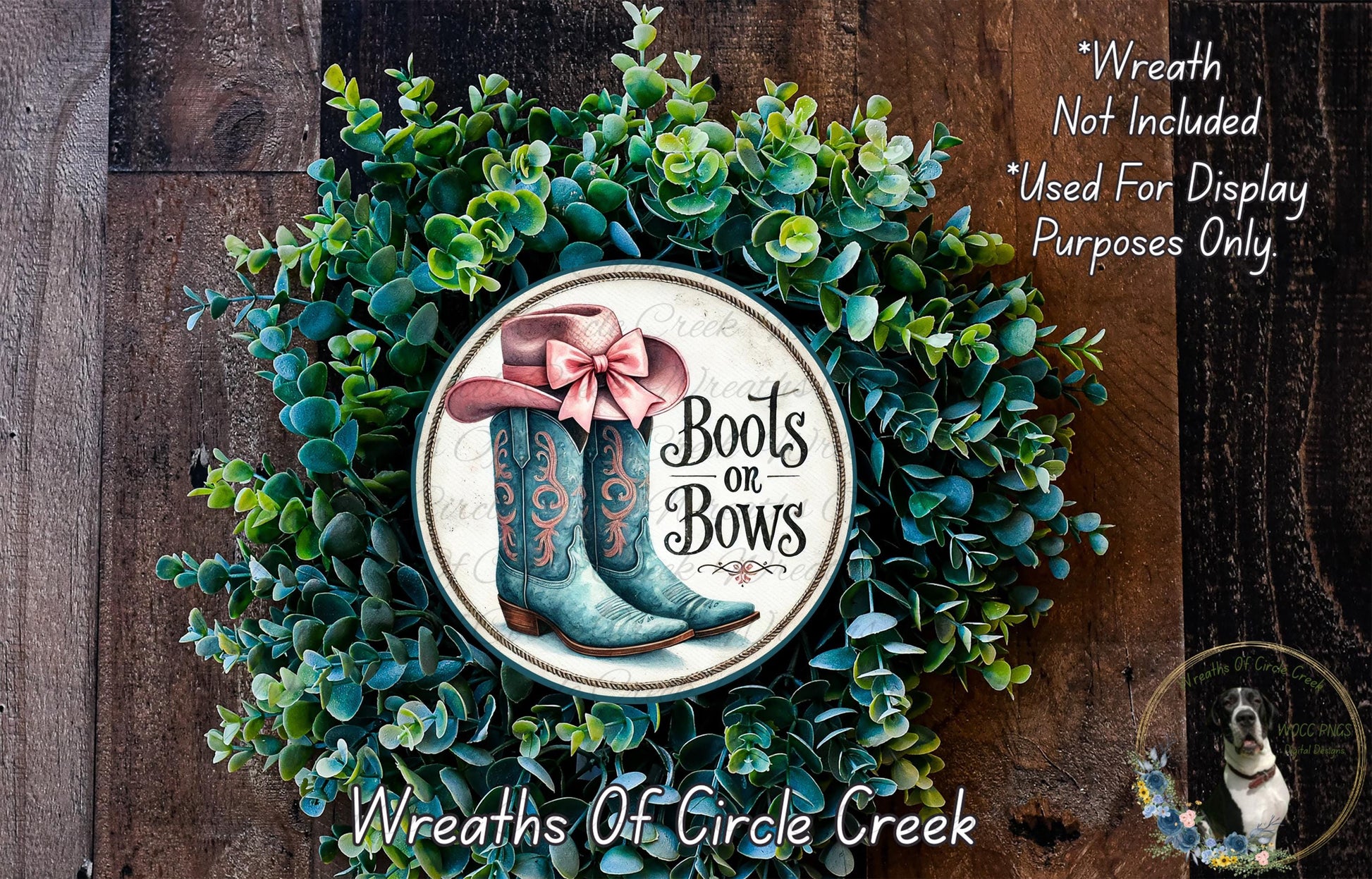 a wreath with a decorative border and a pair of boots on a circular plaque, surrounded by a lush green wreath.