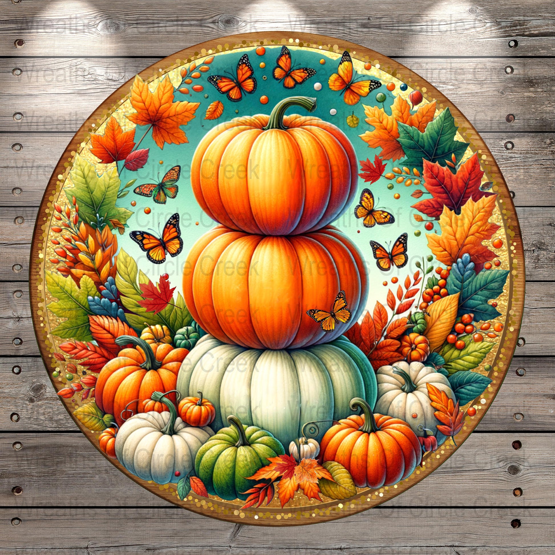 Autumn Harvest Pumpkin Plate, Fall Decorative Serving Platter with Colorful Leaves and Butterflies, Thanksgiving Table Decor