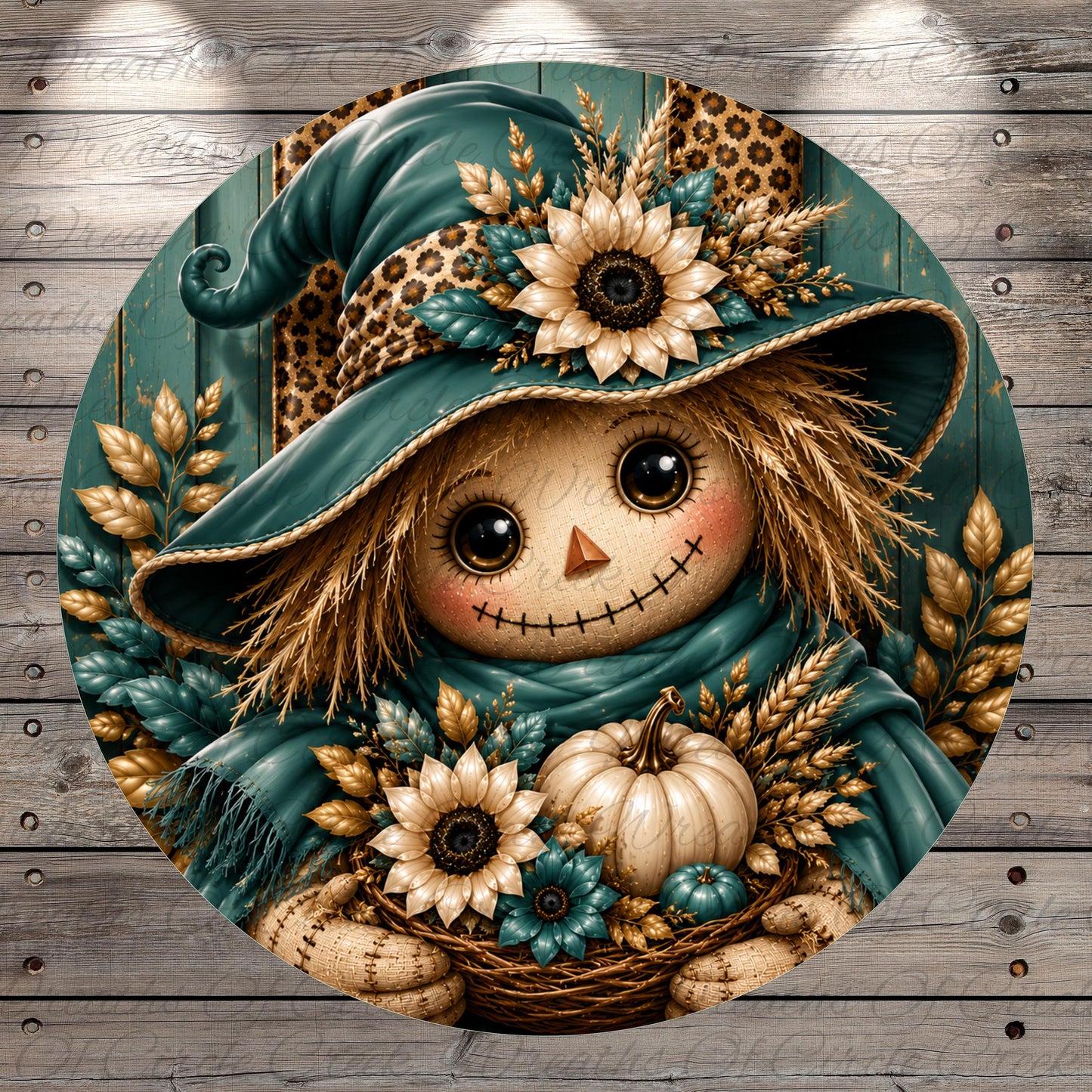 A whimsical illustration of a scarecrow with a hat adorned with flowers and leaves, holding a basket filled with pumpkins and other fall-themed items.