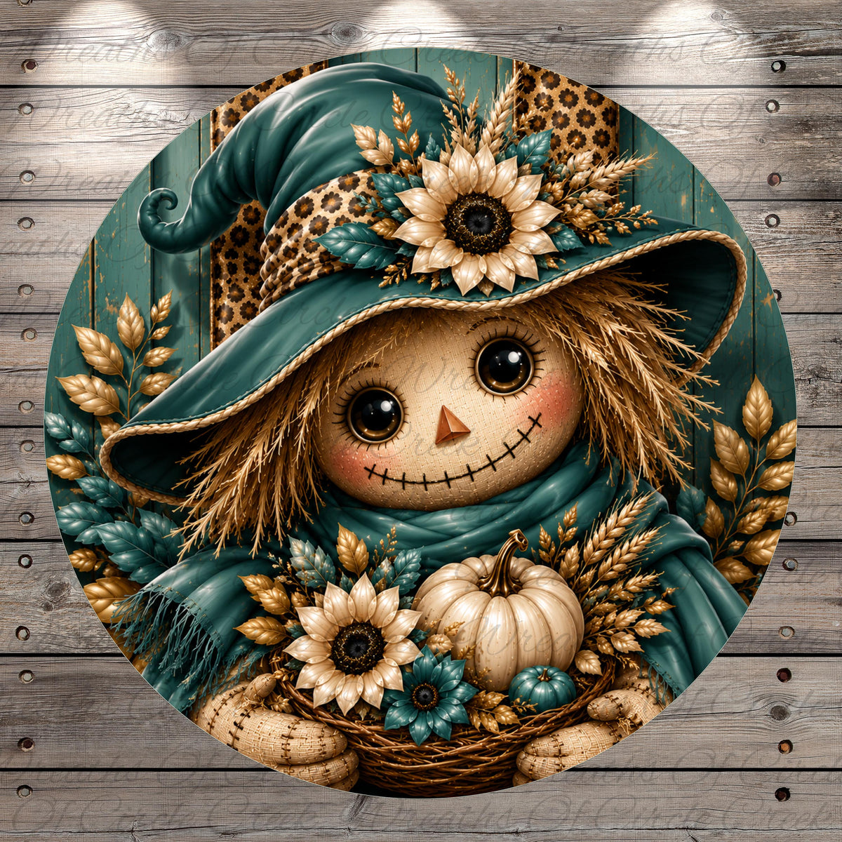 A whimsical illustration of a scarecrow with a hat adorned with flowers and leaves, holding a basket filled with pumpkins and other fall-themed items.