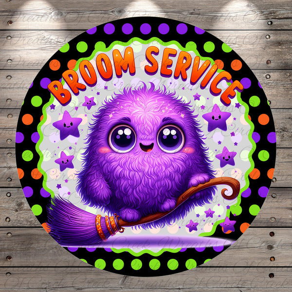 A purple, furry creature with large eyes is sitting on a broom, surrounded by stars and a "BROOM SERVICE" sign.