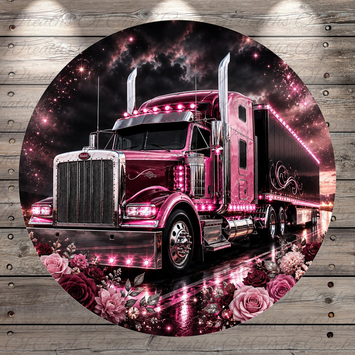 A large, pink and black semi-truck with a trailer is featured prominently in the center of the image, surrounded by a vibrant display of pink and red flowers.