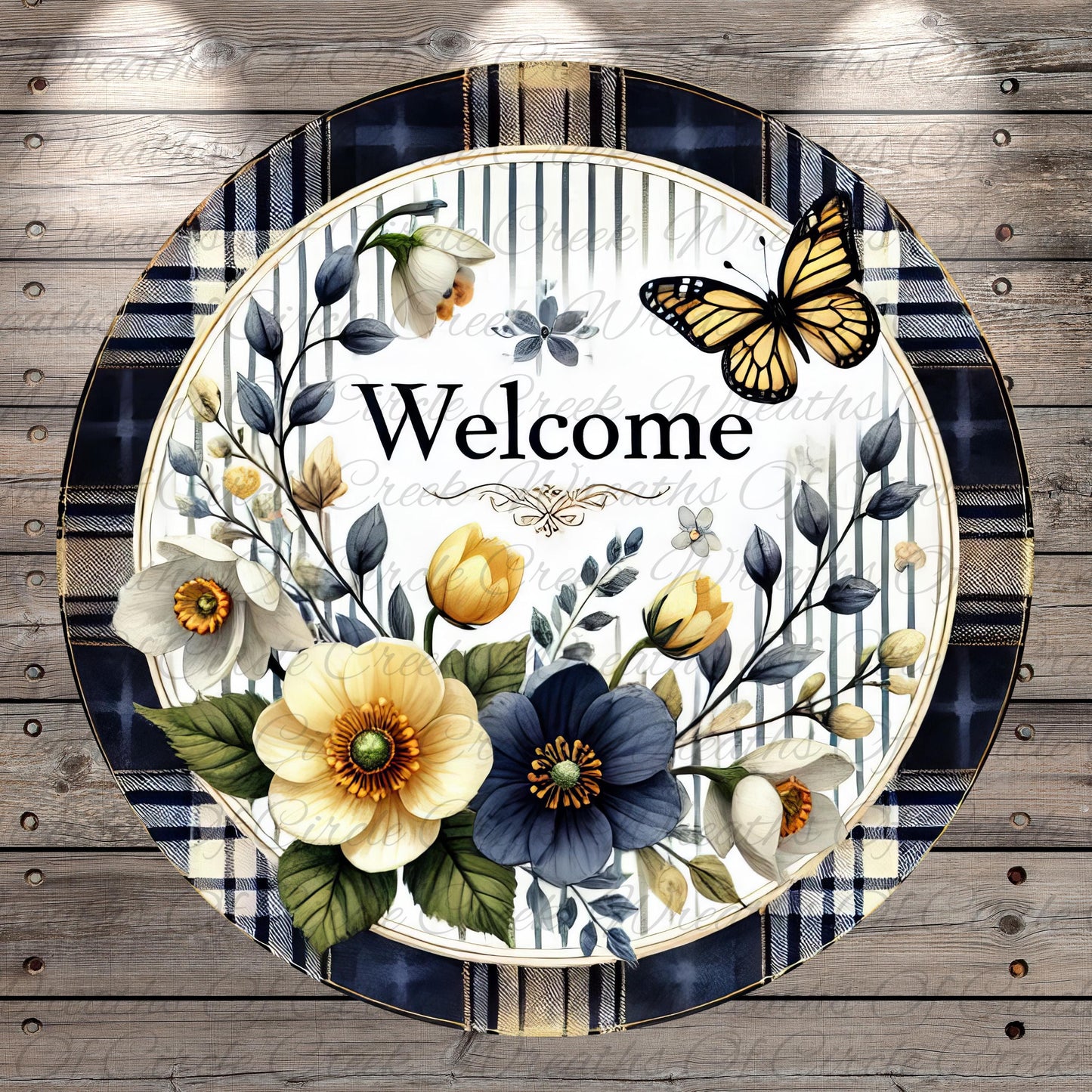 A decorative round sign with a floral border and a butterfly, surrounded by various flowers and leaves. The word "Welcome" is prominently displayed in the center of the sign.