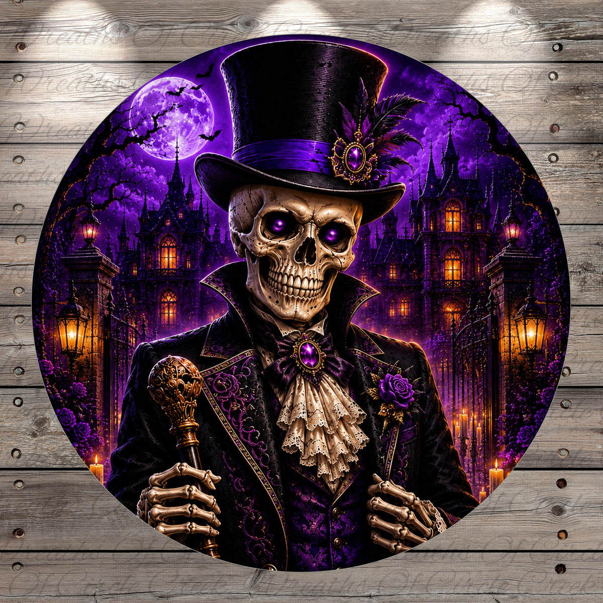 A skull wearing a top hat and holding a microphone stands in front of a Gothic-style castle at night, with a full moon and bats in the background.