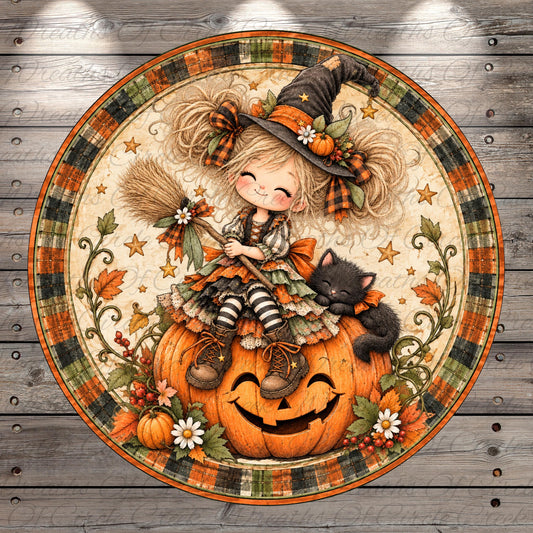 A whimsical illustration depicting a young girl in a witch's hat sitting on top of a carved pumpkin, with a black cat resting on her lap. The scene is surrounded by autumn decorations, including pumpkins, leaves, and flowers, creating a festive and enchanting atmosphere.