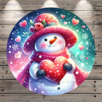 Lady, Snowman, Pink Top Hat, Roses, Whimsical, Winter, Valentines, Round, Light Weight, Metal Wreath Sign, No Holes
