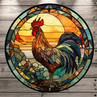 Morning Rise, Rooster Stain Glass Print, Farm, Round, Light Weight, Metal Wreath Sign, No Holes
