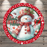 Snowman, Sweet Wishes, Peppermints, Candy Canes, Round, Light Weight, Metal Wreath Sign, No Holes, UV Coated