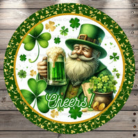 Cheers, Leprechaun with Green Beer, Irish, Patrick’s Day, Shamrocks, Gold, Green, Watercolor, Round, Light Weight, Metal Wreath Sign UV Coated