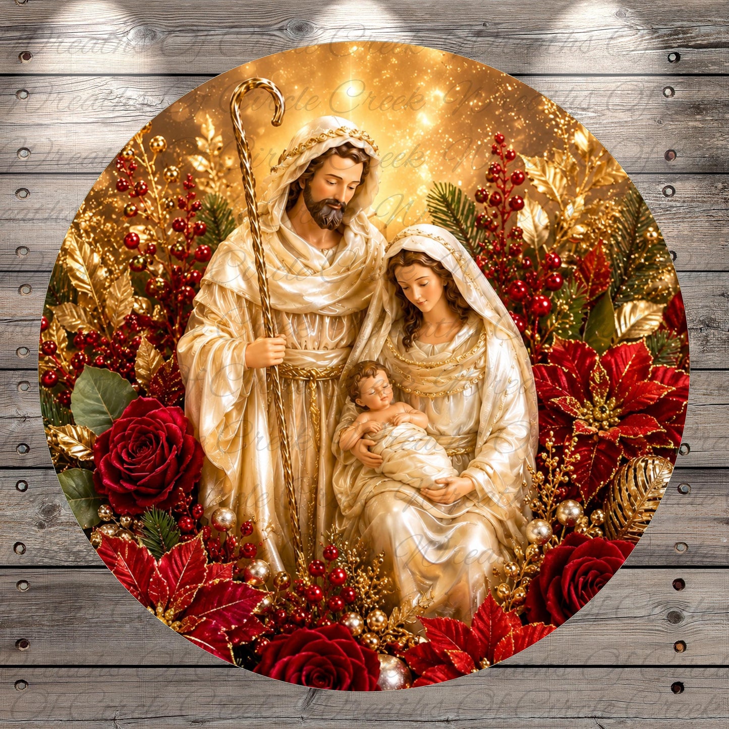 A circular, ornate, and decorative image featuring a statue of the Virgin Mary, baby Jesus, and the Holy Family, surrounded by red flowers and gold accents.
