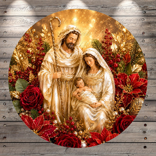 A circular, ornate, and decorative image featuring a statue of the Virgin Mary, baby Jesus, and the Holy Family, surrounded by red flowers and gold accents.