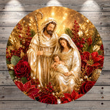 A circular, ornate, and decorative image featuring a statue of the Virgin Mary, baby Jesus, and the Holy Family, surrounded by red flowers and gold accents.