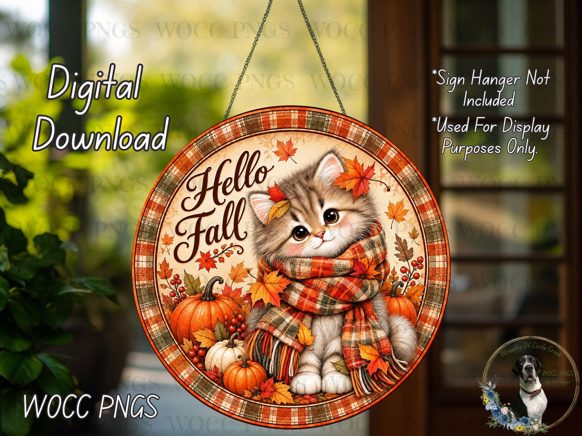 A digital download of a round sign featuring a cat wearing a scarf and surrounded by autumn decorations, including pumpkins and leaves.