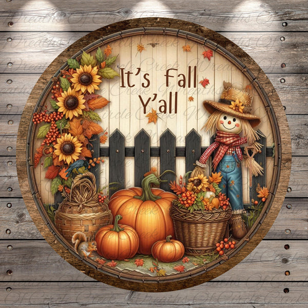 a wooden sign with a scarecrow and pumpkins