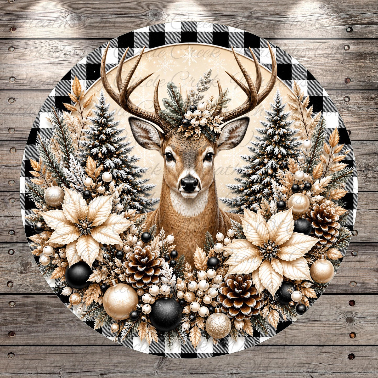A detailed illustration of a deer head surrounded by a wreath of flowers, pine cones, and other natural elements, all set against a snowy background.
