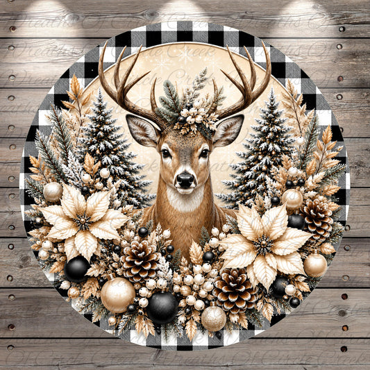 A detailed illustration of a deer head surrounded by a wreath of flowers, pine cones, and other natural elements, all set against a snowy background.