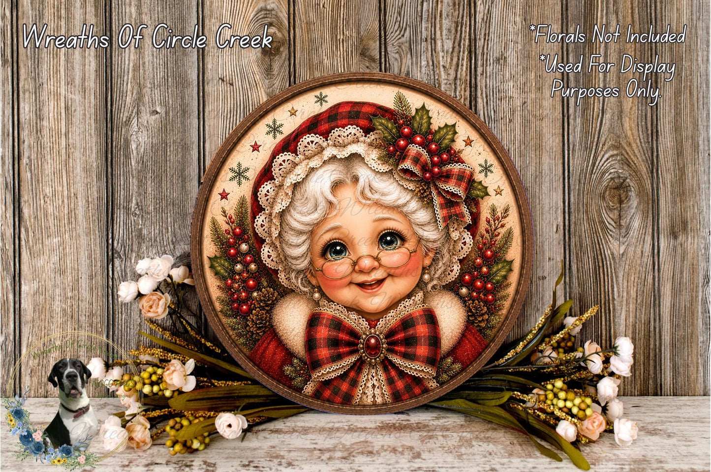 A decorative plate featuring a smiling, elderly woman with a red and black plaid bow, surrounded by flowers and greenery.