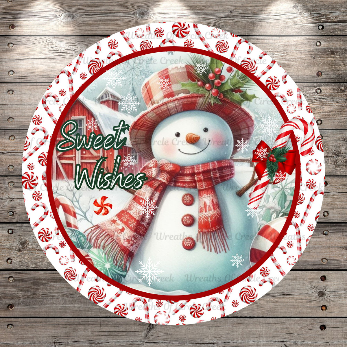 Snowman, Sweet Wishes, Peppermints, Candy Canes, Round, Light Weight, Metal Wreath Sign, No Holes, UV Coated