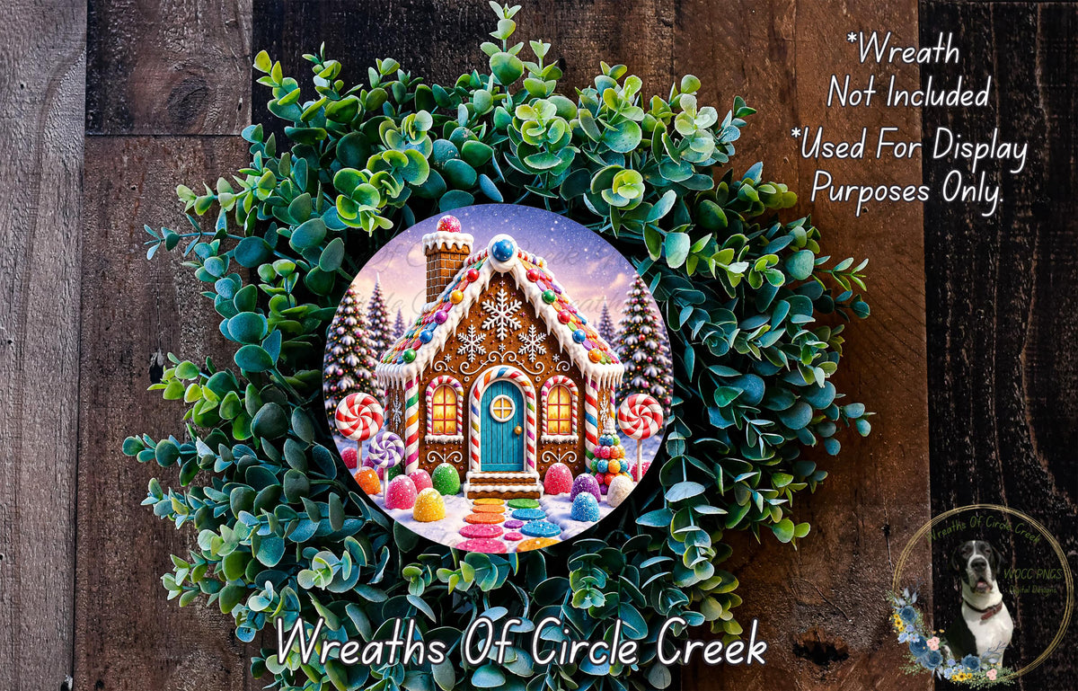 A wreath featuring a gingerbread house surrounded by colorful candy and greenery, with a caption stating that the wreath is not included in a display and is used for purposes only.