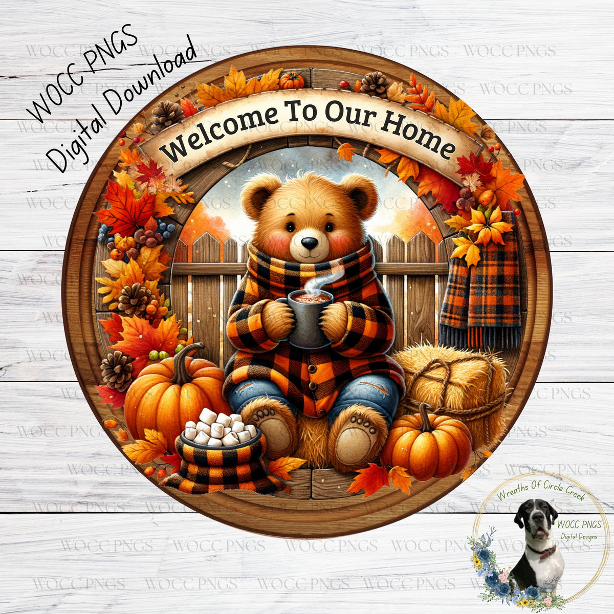 A wreath with a teddy bear holding a mug of coffee, surrounded by autumn leaves, pumpkins, and a dog. The text "Welcome To Our Home" is displayed above the wreath.