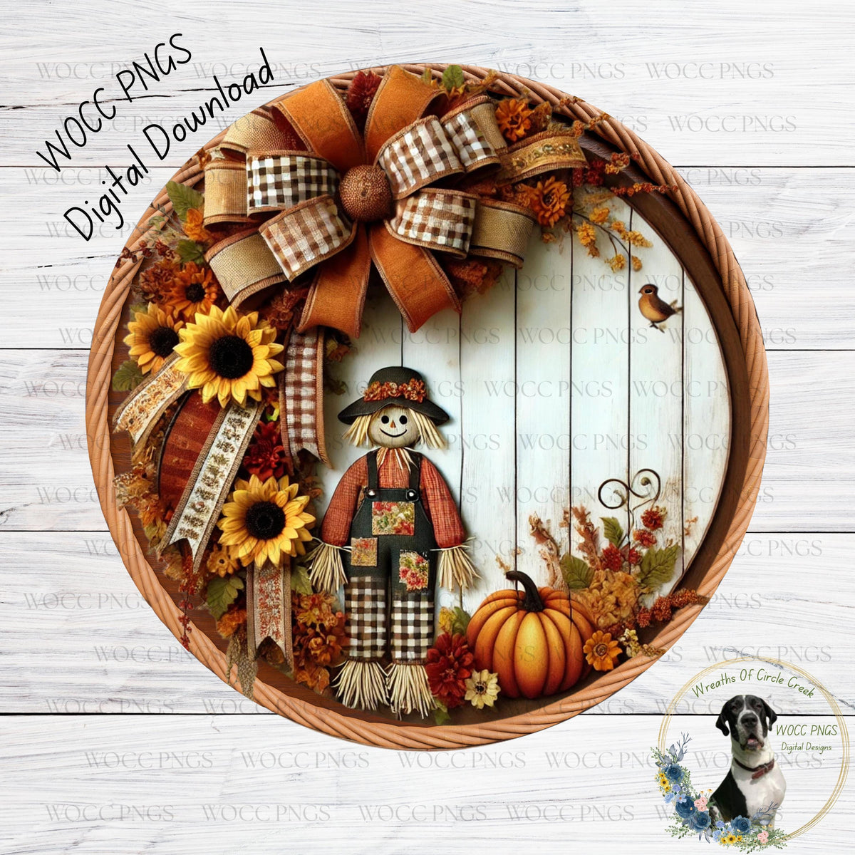 a basket with a scarecrow and sunflowers on it