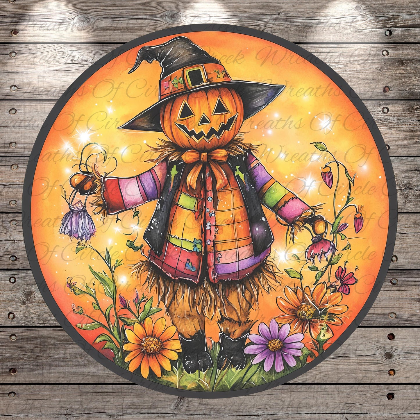 A colorful illustration of a jack-o-lantern wearing a hat and scarf, surrounded by flowers and plants, with a wooden background.