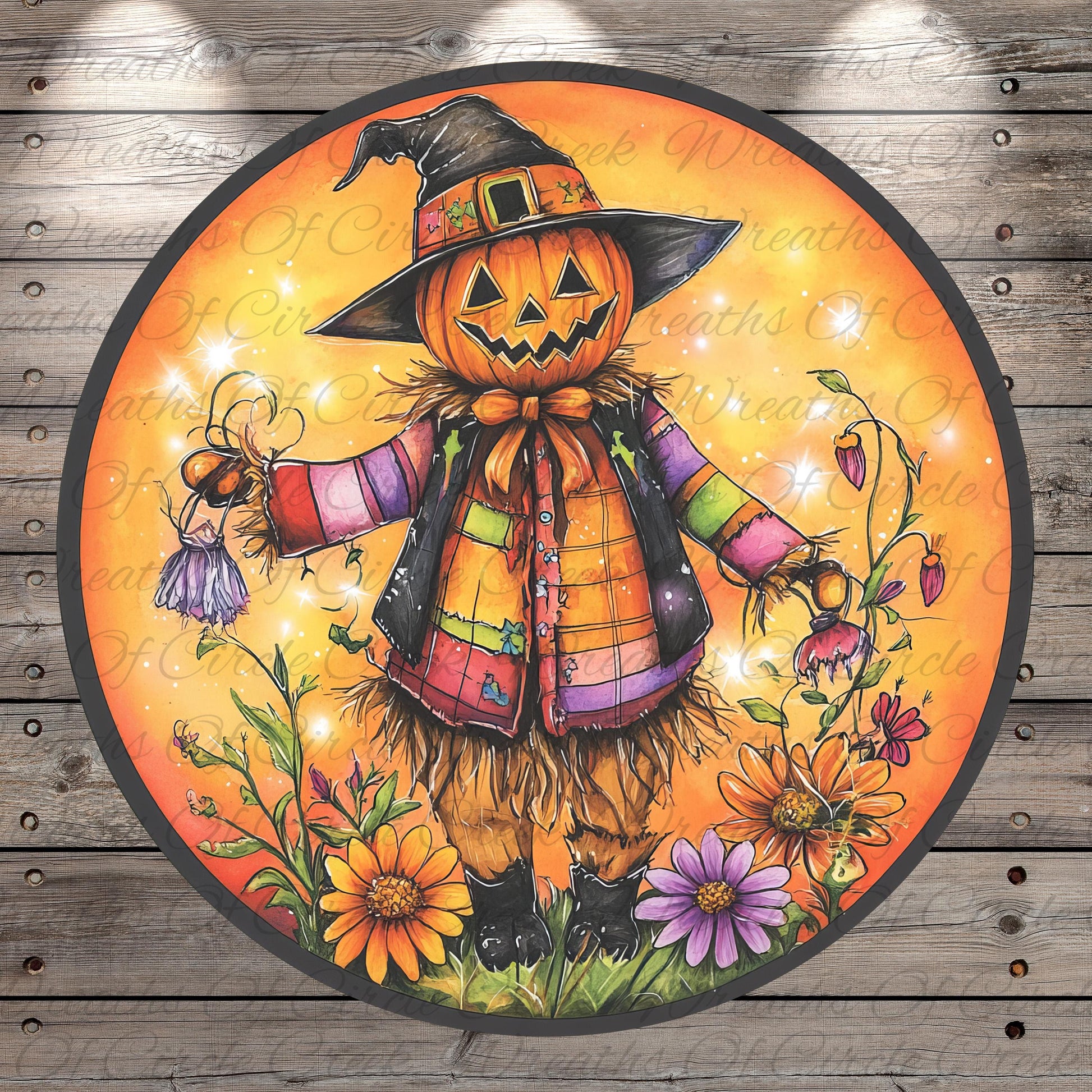 A colorful illustration of a jack-o-lantern wearing a hat and scarf, surrounded by flowers and plants, with a wooden background.