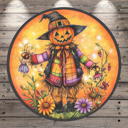 A colorful illustration of a jack-o-lantern wearing a hat and scarf, surrounded by flowers and plants, with a wooden background.