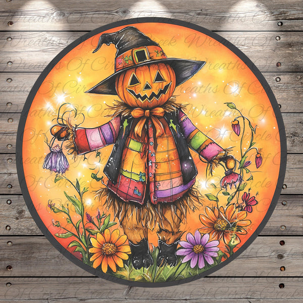 A colorful illustration of a jack-o-lantern wearing a hat and scarf, surrounded by flowers and plants, with a wooden background.