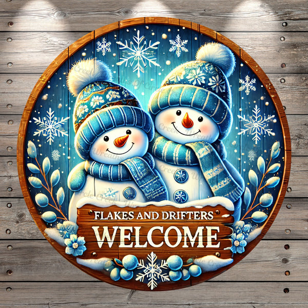 Flakes And Drifters, Welcome, Snowman Friends, Cute, Blue, Round, Light Weight, Metal, Wreath Sign, No Holes In Sign