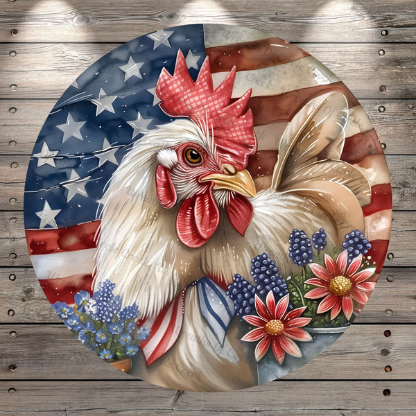 Patriotic, Rooster, Chicken, American Flag, Whimsical, Summer, Round, Wreath Sign, Light Weight, Wreath Sign, Metal, No Holes In Sign