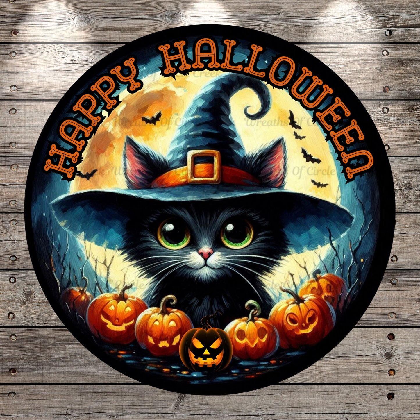 Black Witch Cat, Happy Halloween, Oil Painting Inspired, Round, Light Weight, Metal Wreath Sign, No Holes In Sign
