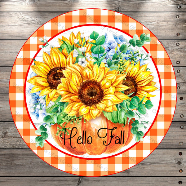 Hello Fall, Sunflowers, Hydrangeas, Pumpkin, Plaid, Round UV Coated, Metal Sign, No Holes