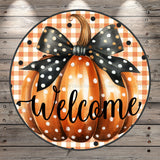 Polka Dot Pumpkin, Black Bow, Welcome, Fall, Autumn, Round, Light Weight, Metal, Wreath Sign, No Holes In Sign