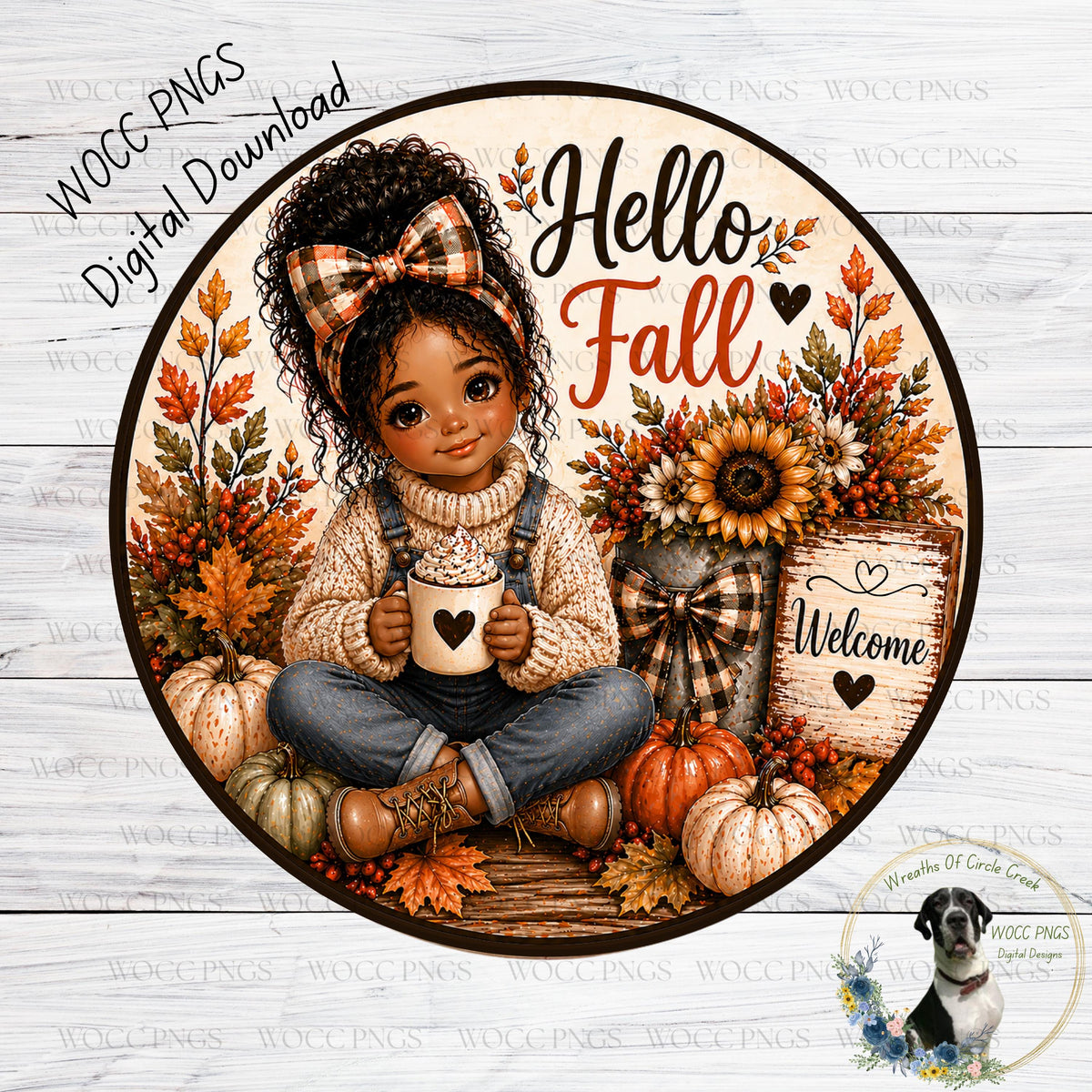 Hello Fall Girl PNG | Cozy Autumn Cocoa Wreath Sign | Pumpkin Sunflower Decor | Digital Download