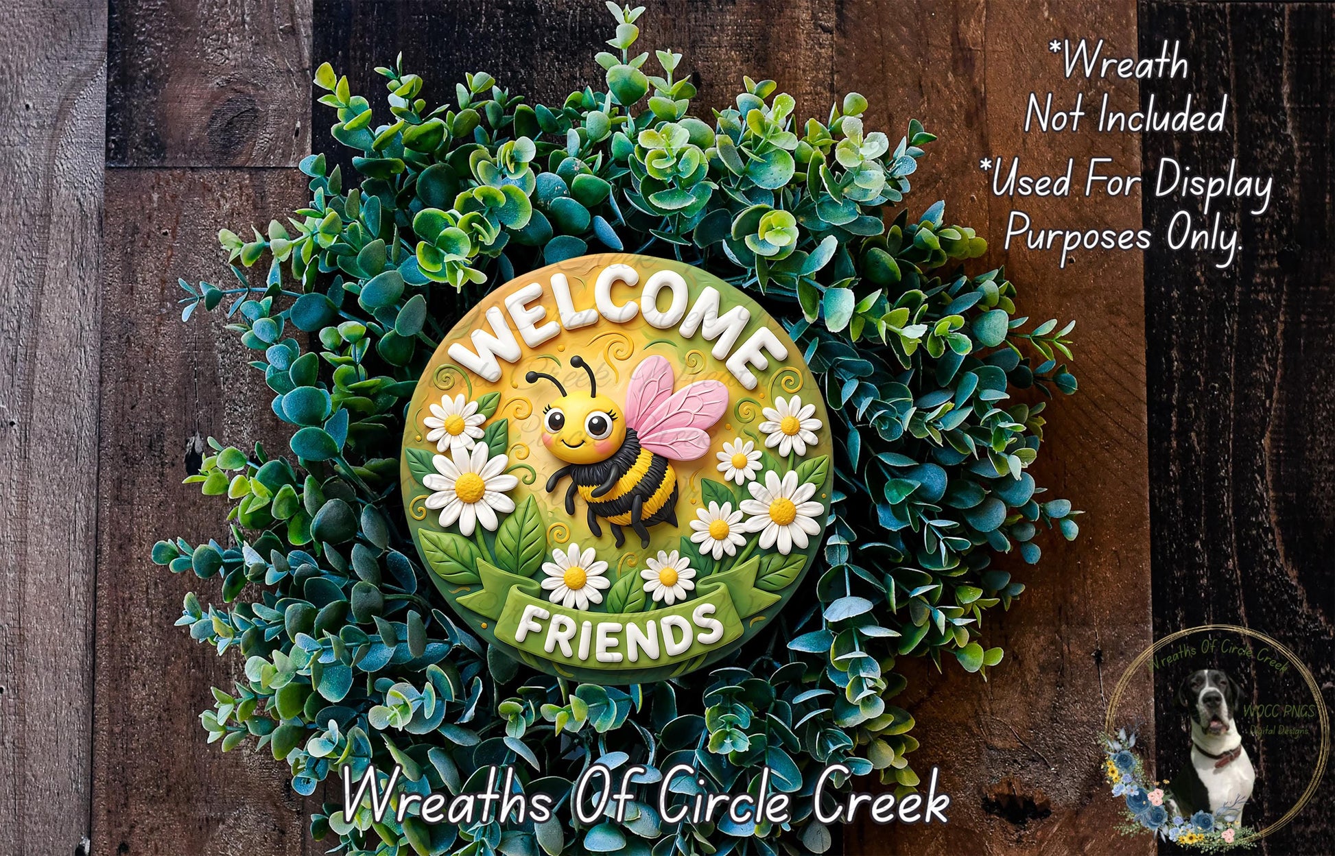 A wreath made of green leaves and flowers, with a bee and the text "Welcome Friends" displayed on it.